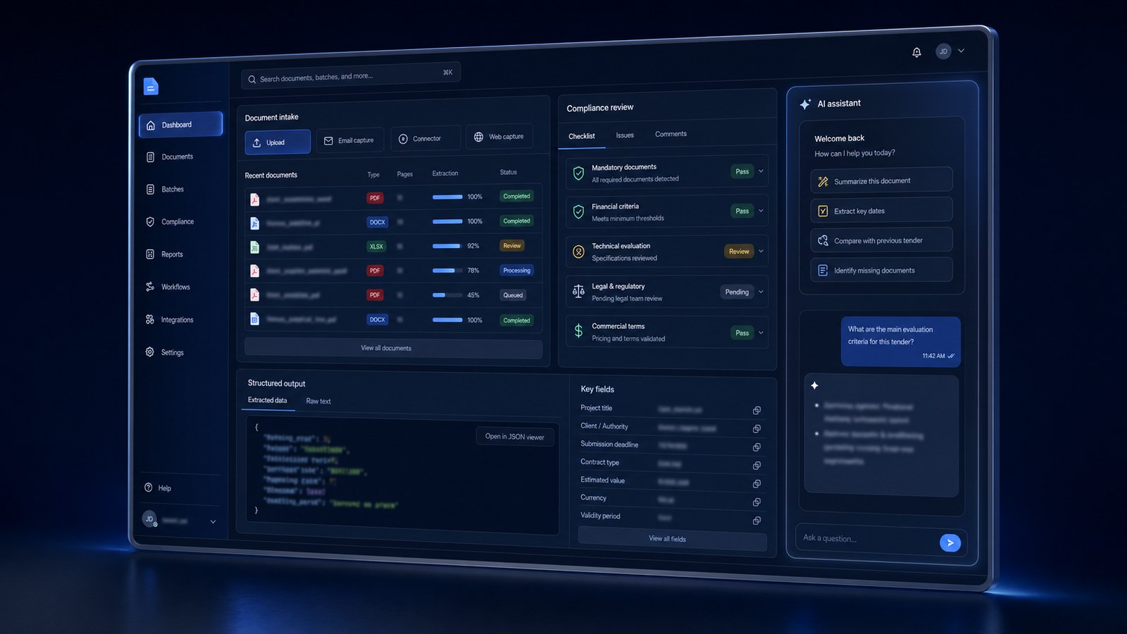 Original product mockup for an AI tender and document intelligence dashboard